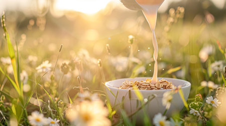 Pouring fresh milk into bowl of cereal in the English countryside field on a sunny morning for breakfastの素材