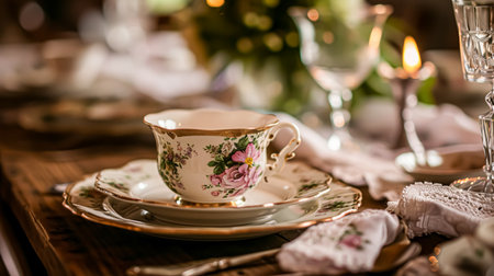 Delightful afternoon tea spread featuring a tiered cake stand brimming with cupcakes, scones, and sweet pastries, accompanied by a floral porcelain tea setの素材