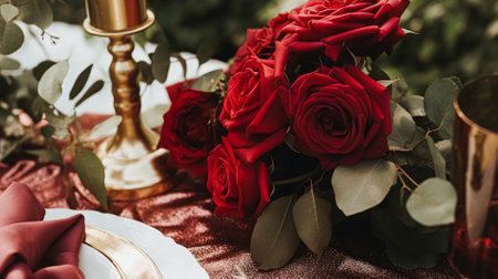 Wedding and event celebration tablescape with flowers, formal dinner table setting with roses and wine, elegant floral table decor for dinner party and holiday decoration, home styling ideaの素材