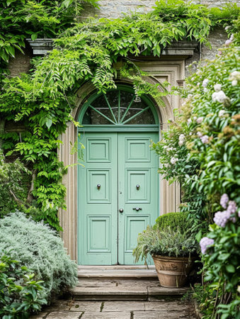 Entrance to a historic manor, framed by antique architectural elements and flanked by potted topiaries, features an aged door, the surrounding ivy and stonework add to the timeless elegance of the propertyの素材