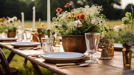 Table decor, holiday tablescape and dinner table setting in countryside garden, formal event decoration for wedding, family celebration, English country and home styling inspirationの素材