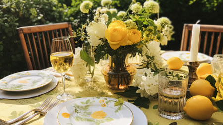 Wedding or formal dinner holiday celebration tablescape with lemons and flowers in the English countryside garden lemon tree, home styling inspirationの素材