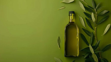 Olive oil bottle ad background with copyspace, vegetable oil commercial produce, food industry and retail conceptの素材