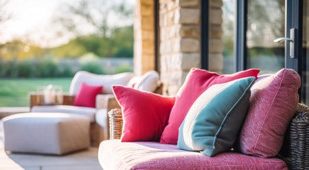 Cottage outdoor furniture and countryside house patio and terrace decor, garden lounge in country style, post-processed, generative aiの素材