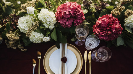 Wedding or formal dinner holiday celebration tablescape with hydrangea flowers in the English countryside garden, table setting and wine, floral table decor for family dinner party, home styling inspirationの素材