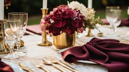 Wedding or formal dinner holiday celebration tablescape with hydrangea flowers in the English countryside garden, table setting and wine, floral table decor for family dinner party, home styling inspirationの素材