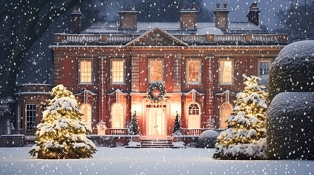 Christmas in the countryside manor, English country house mansion decorated for holidays on a snowy winter evening with snow and holiday lights, Merry Christmas and Happy Holidays designの素材
