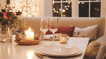 Festive date night tablescape idea, dinner table setting for two and Christmas, New Year, Valentines day decor, English countryside home stylingの素材