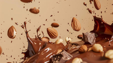 Nuts and chocolate splash, food dessert and confectionery industryの素材
