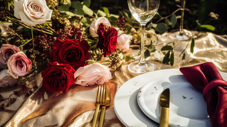 Wedding and event celebration tablescape with flowers, formal dinner table setting with roses and wine, elegant floral table decor for dinner party and holiday decoration, home styling ideaの素材