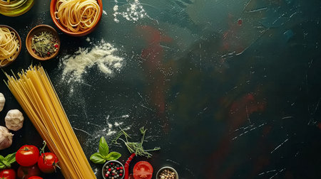 Pasta recipe preparation flatlay background with ingredients, spaghetti, olive oil, garlic, tomatoes and spices in the kitchen, homemade food recipe ideaの素材