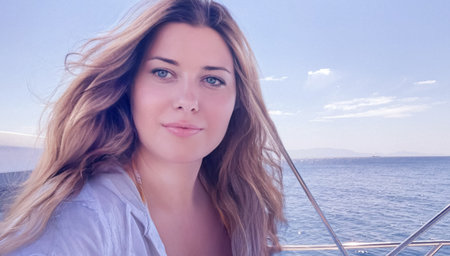 Woman enjoying the sea on a yacht boat, beach lifestyle in summertime, holiday yachting travel and summer leisure conceptの写真素材