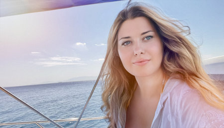 Woman enjoying the sea on a yacht boat, beach lifestyle in summertime, holiday yachting travel and summer leisure conceptの写真素材