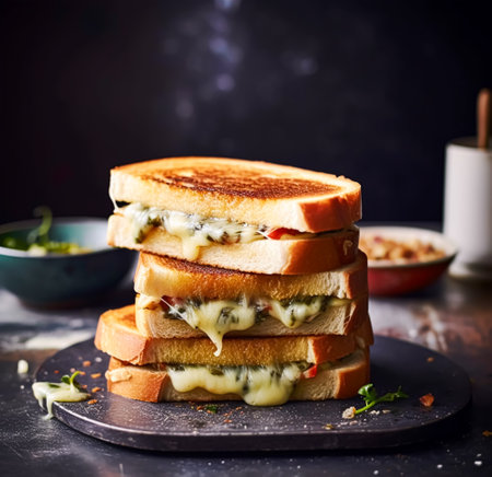 Cheese toasties, homemade hot sandwiches, food and easy recipe idea, post-processed, generative aiの素材