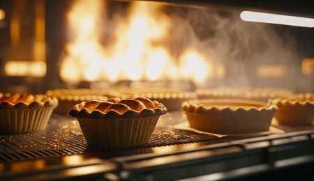 Bakery with hot fresh bread and pastry baking in the old town bakery, freshly baked products on shelves and the oven, small local business and food production ideaの素材
