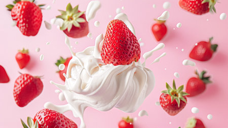 Strawberries falling into cream, milk or yoghurt on pink background, strawberry dessertの素材