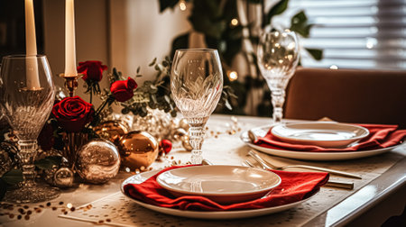 Festive date night tablescape idea, dinner table setting for two and Christmas, New Year, Valentines day decor, English countryside home stylingの素材