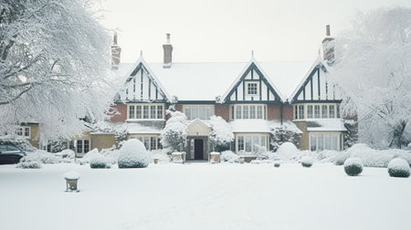Christmas at the manor, English countryside style estate in winter with garden and festive exterior landscape decorの素材