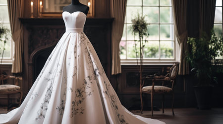 Wedding drees, bridal gown style and bespoke fashion, full-legth white tailored ball gown in showroom, tailor fitting, beauty and wedding inspirationの素材