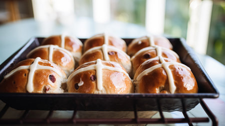 Hot cross buns in English country cottage, Good Friday, religious holiday and british cuisine recipe inspirationの素材