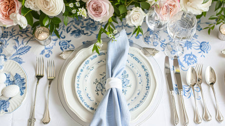 Easter tablescape decoration, floral holiday table decor for family celebration, spring flowers, Easter eggs, Easter bunny and vintage dinnerware, English country and home stylingの素材