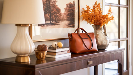 Autumnal hallway decor, interior design and house decoration, welcoming autumn entryway furniture, stairway and entrance hall home decor in an English country house and cottage style ideaの素材