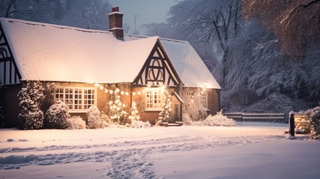 Christmas in the countryside, cottage and garden decorated for holidays on a snowy winter evening with snow and holiday lights, English country styling inspirationの素材