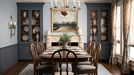 Cottage dining room decor, interior design and dark wood country house furniture, home decor, table and chairs, English countryside style interiorsの素材