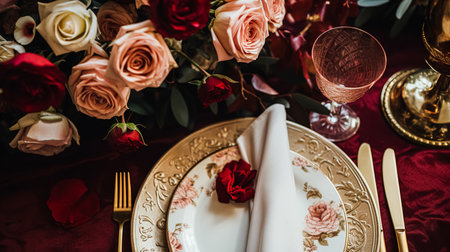 Wedding and event celebration tablescape with flowers, formal dinner table setting with roses and wine, elegant floral table decor for dinner party and holiday decoration, home styling ideaの素材