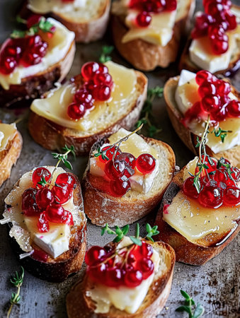 Gourmet toasts with camambert and redcurrants recipe ideaの素材