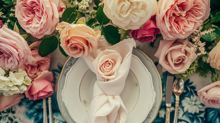 Beautifully set table for a garden party, adorned tablescape with vibrant floral arrangements, under the shade of blossoming rose bushes, inviting a sense of elegance and natural charmの素材