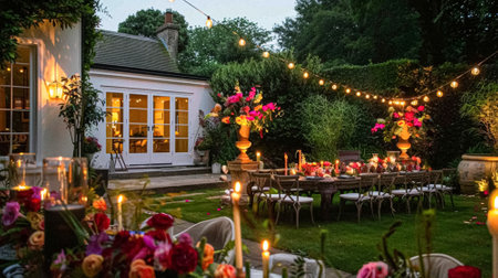 Summer party celebration in the garden, outdoor lounge and countryside house patio decor, English country cottage house design ideaの素材