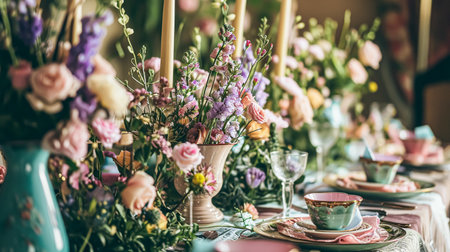Birthday tablescape or candy bar with sweets, Birthday cake and cupcakes, beautiful party and celebrationの素材