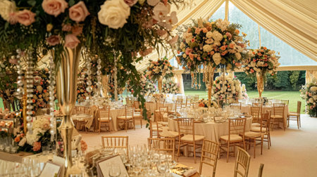 Grand wedding decoration in the country manor, floral decor and event celebration, flowers, wedding aisle and tablescape in the garden, English countryside style ideaの素材