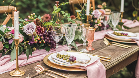 Table decor in a summer garden, holiday tablescape and dinner table setting, formal event decoration for wedding, family celebration, English country and home styling ideaの素材