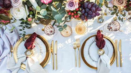 Table decor in a summer garden, holiday tablescape and dinner table setting, formal event decoration for wedding, family celebration, English country and home styling ideaの素材