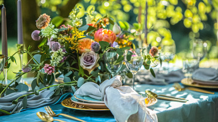 Table decor in a summer garden, holiday tablescape and dinner table setting, formal event decoration for wedding, family celebration, English country and home styling ideaの素材