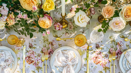 Table decor in a summer garden, holiday tablescape and dinner table setting, formal event decoration for wedding, family celebration, English country and home styling ideaの素材