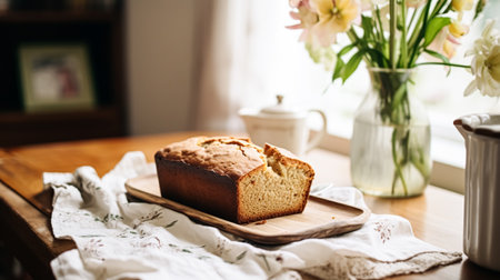 Banana bread in English country cottage, home decor and flowers, baking food and easy gluten-free recipe idea for menu, food blog and cookbook inspirationの素材