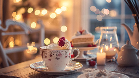 Afternoon tea with delicate teacup and saucer alongside a slice of cake dessertの素材