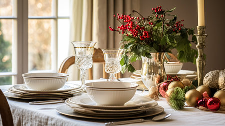 Christmas holiday family breakfast, table setting decor and festive tablescape, English country and home styling inspirationの素材