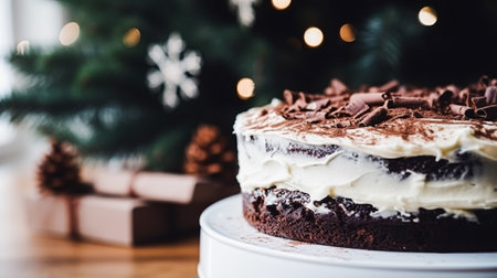 Christmas cake, holiday recipe and home baking, pudding with creamy icing for cosy winter holidays tea in the English country cottage, homemade food and cooking inspirationの素材