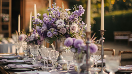 Wedding decor with lavender theme, floral decoration design and beautiful decor setting arrangement ideaの素材