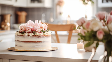 Homemade birthday cake in the English countryside house, cottage kitchen food and holiday baking recipe inspirationの素材