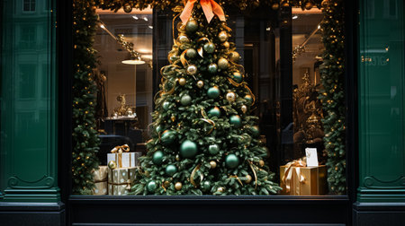 Christmas decoration details on English styled luxury high street city store door or shopping window display, holiday sale and shop decor inspirationの素材