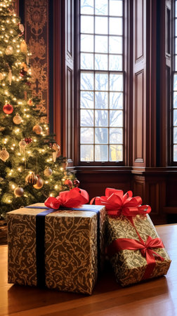 Christmas gifts, happy holidays and holiday celebration, wrapped gift boxes, presents and decorated Christmas tree, post-processed, generative aiの素材