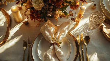 Dining room decor, interior design and autumn holiday celebration, elegant autumnal table decoration with candles and flowers, home decor, wedding and country cottage style ideaの素材