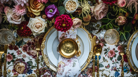 Table decor in a summer garden, holiday tablescape and dinner table setting, formal event decoration for wedding, family celebration, English country and home styling ideaの素材