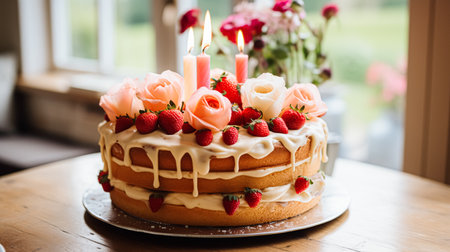 Homemade birthday cake in the English countryside house, cottage kitchen food and holiday baking recipe inspirationの素材
