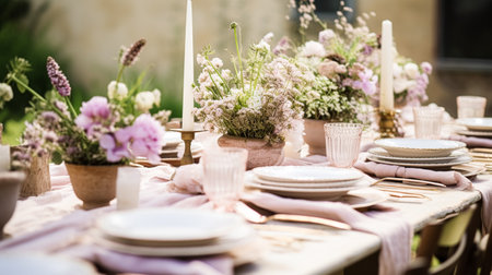 Table decor, holiday tablescape and dinner table setting in countryside garden, formal event decoration for wedding, family celebration, English country and home styling inspirationの素材